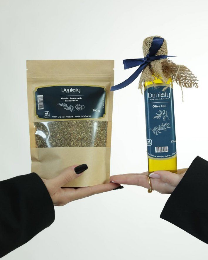 Duniaty zaatar and a gift-wrapped olive oil bottle